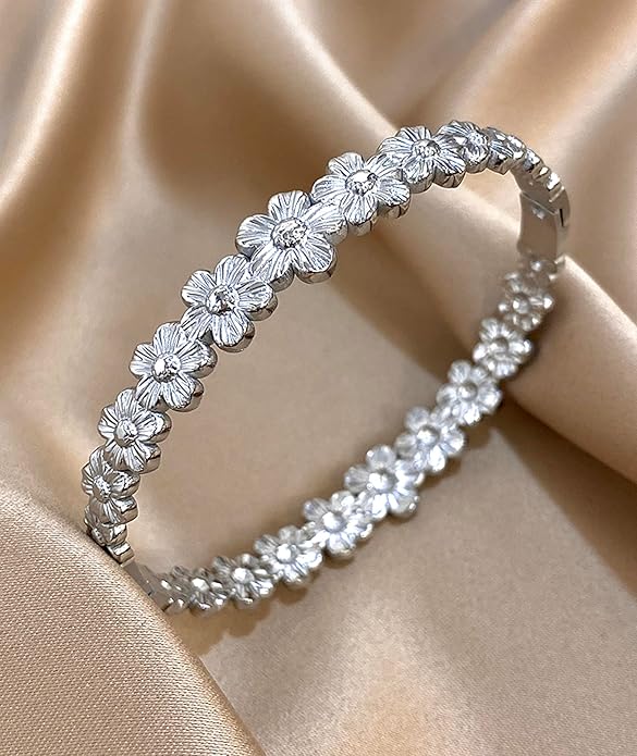 hotoo Flower Bangle Bracelets for Women Cute Stackable Stainless Steel Cuff Bracelet Mother Daughter Sister