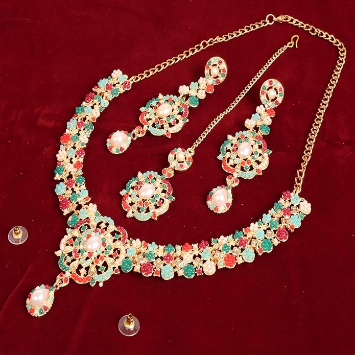 Touchstone Indian jewelry sets for women gold wedding tikka necklace set guest costume fancy bridal jewellery rhinestone crystal elegant formal prom evening wear dainty accessories