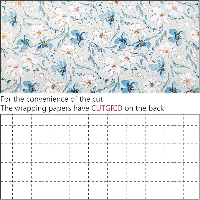 MIMUTI Blue and White Floral Wrapping Paper - 17 in x 33 ft - Gift Wrap with Watercolor Flowers, Branches and Leaves - Perfect for Wedding, Bridal Shower, Mother's Day, Valentine's Day