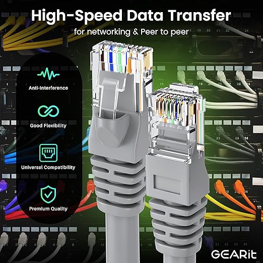 GearIT Cat 6 Ethernet Cable (20-Pack 5 Feet) Cat6 Network Patch, 10Gbps, RJ45, Snagless Cord, Gold-Plated Connectors, Internet for PC, TV, Tablet, Router, Printer, Servers, IT Data Center - Gray