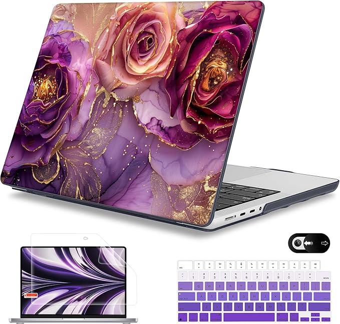 Mektron Case for MacBook Pro 16" M4 A3403 A3186 M3 A2991 M2 A2780 M1 A2485 (2021/2023/2024) Pro/Max with Touch ID, Hard Shell Plastic Laptop Cover Keyboard Cover Screen Protector, Marble Flowers