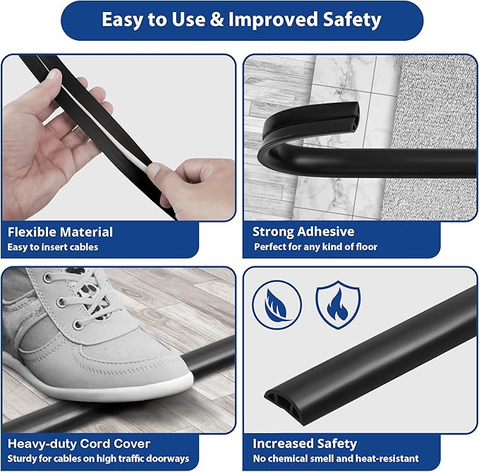 Floor Cord Cover 10ft, Cord Hider Floor Black, Floor Cable Management Prevent Cable Trips, Floor Cable Cover Wire Covers for Electric Power Cords, Cord Protector Cord Cavity W0.47in x H0.28in