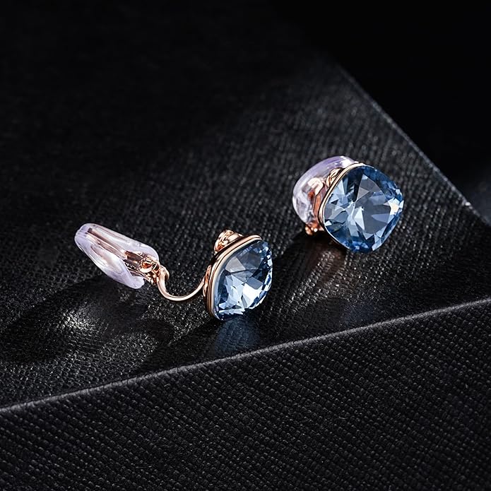 EVEVIC Austrian Crystal Square Cilp On Earrings for Women 14K Gold Plated Non Pierced for Sensitive Ears Jewelry Gifts for Anniversary