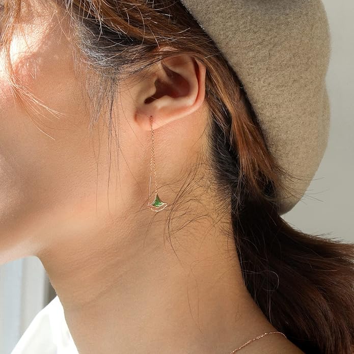 CHOW SANG SANG Delicate Gold 18K Rose Solid Gold Enamel Green Ginkgo Leaf Necklace and Earrings Jewelry Set with Limited Edition Jewelry Box 92255N 92255E
