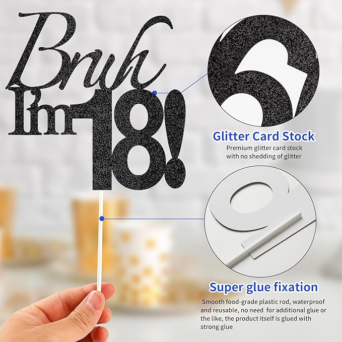 Bruh I'm 18 Cake Topper - Black Glitter Happy 18th Birthday Decorations for Boys Teens, Funny 18 Year Old Party Supplies, Bro I'm 18 Cake Decor (Bruh I'm 18！, 18th black)