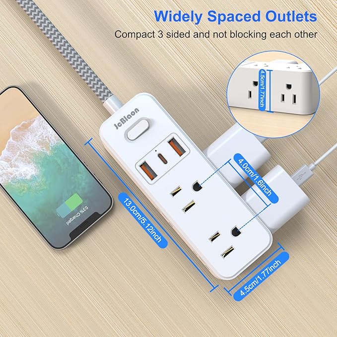 Extension Cord with Multiple outlets, 10 Ft Braided Power Cord, 6 Widely Outlets with 3 USB Ports (1 USB C), Ultra Thin Flat Plug, 3 Sided 1050J Power Strip Surge Protector for Home Travel Office