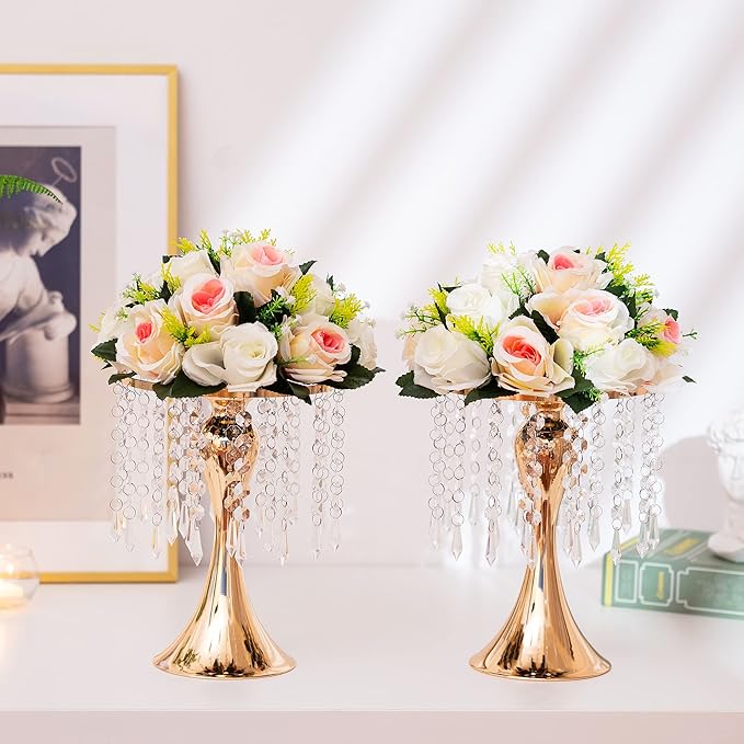 Gold Vases for Centerpieces, 10.2in Crystal Flower Arrangement Stand, Wedding Centerpieces for Tables, Tall Metal Flower Vase Holders for Wedding, Event, Reception, Birthday, Home Decor, 10 Pcs