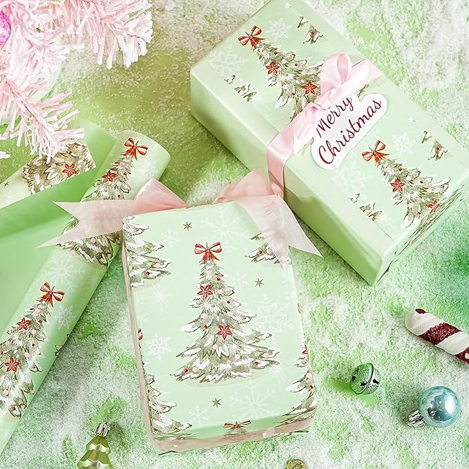 WRAPAHOLIC 30 Inch Jumbo Reversible Christmas Wrapping Paper - 30 Inch x 33 Feet - Light Green Christmas Tree Wrapping Paper for Xmas Holiday, Party Celebration