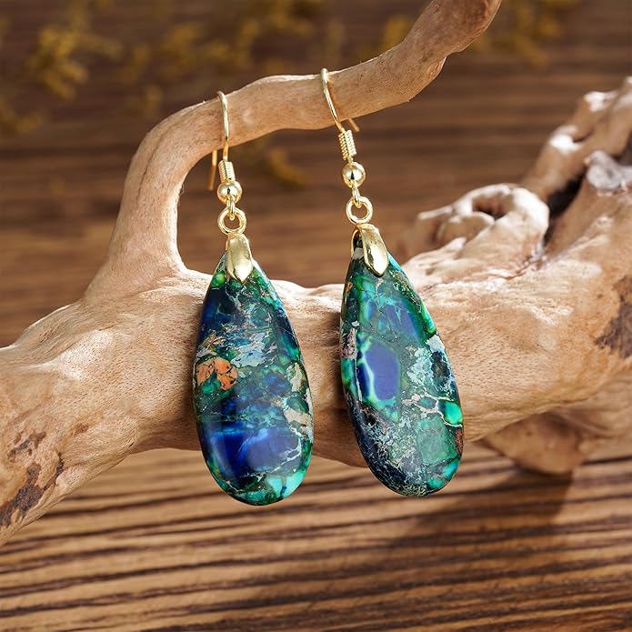 Boho Women Natural Stone Earrings Unique Healing Imperial Jasper Gemstone Energy Hypoallergenic Lightweight Dangle Drop Earrings Multiple Styles Earrings Jewelry for Birthday Party Gift