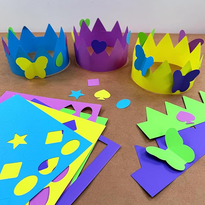 264pcs DIY Party Crown Kit – Makes 12 Princess King Children's Party Crowns, US Made HAPPY Colored Card Stock Easy Punch Out Craft for Royal Themed Birthday Party, Play Dates, Children's Theater Plays