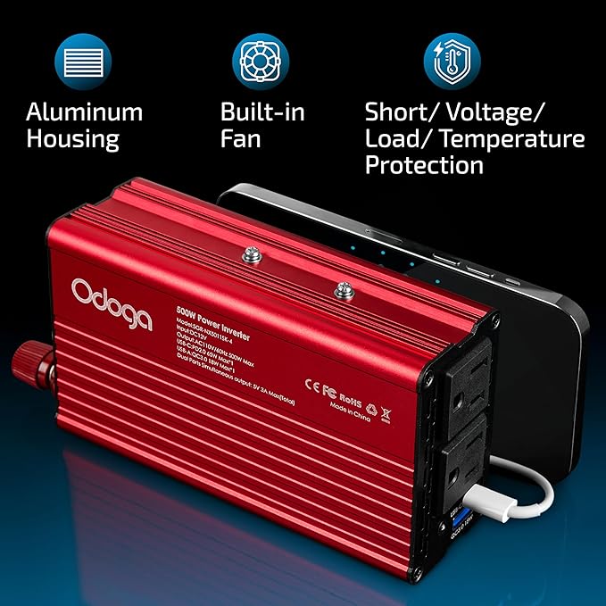 500W Car Power Inverter 12v to 110v – Car Adapter for Plug Outlet, DC to AC Converter, USB/USB-C Fast Charger for Laptop, Phone, Dual AC – for Vehicle, Pickup Truck, Roadtrip, Camping by Odoga