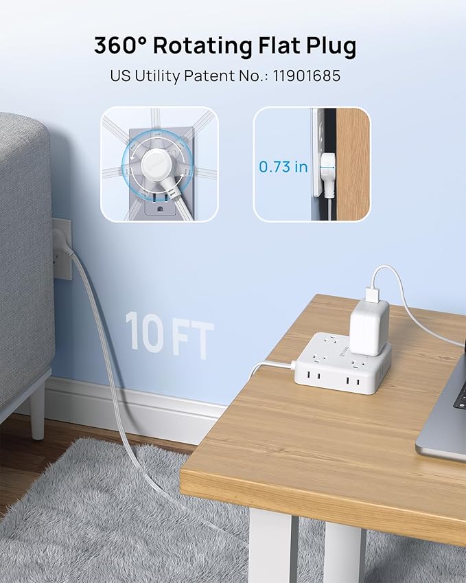 TROND 360° Rotating Flat Plug Power Strip, 10FT Flat Extension Cord with Multiple Outlets 4 USB (2 USB C), Wall Mount Surge Protector 1440 Joules for Home Office Travel Dorm Room Essentials, White