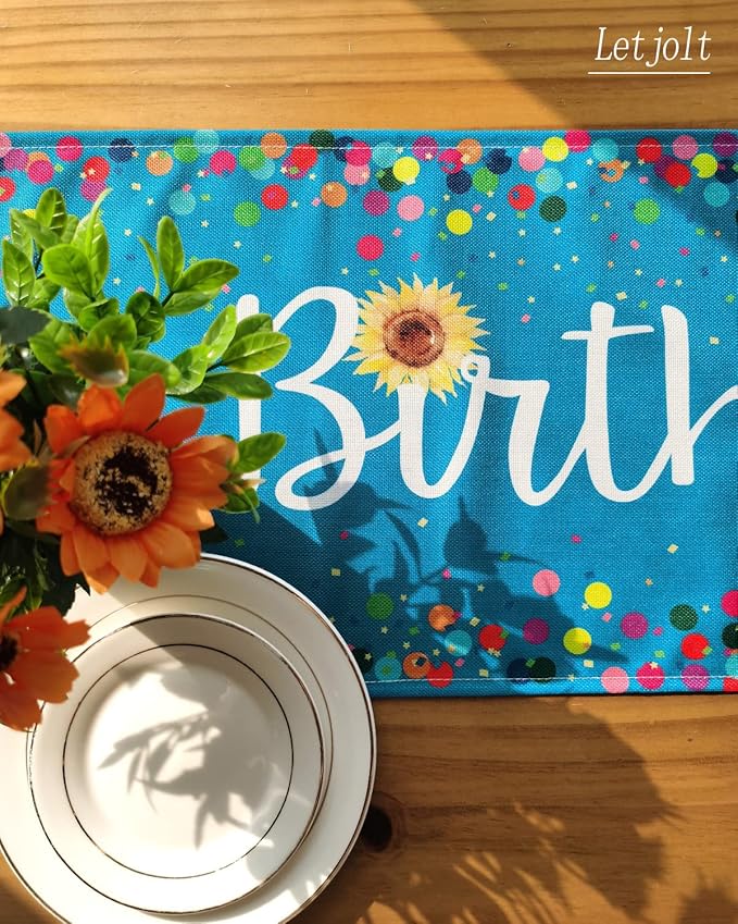 Letjolt Happy Birthday Table Runner 48 Inches Birthday Centerpieces for Tables Birth Day Party Sign Polka Dots Table Decoration, Blue