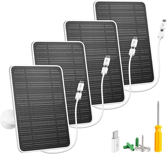 Solar Panel for Security Camera, 5W USB Solar Panel for DC 5V Security Camera, Micro USB & USB-C Port Solar Panel, IP65 Waterproof Solar Charger for Camera,360° Adjustable Mounting 13ft Cable, 4 Pack