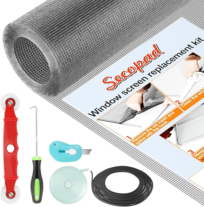 Window Screens Replacement Repair Kit, Grey Screen Door Mesh Replacement Kit, Durable Fiberglass Mesh Roll with Tools for Windows Doors Patio and Porch, 48in x 118in