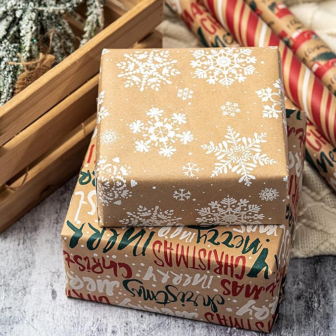 RUSPEPA Christmas Wrapping Paper Set - 4 Rolls of Kraft Wrapping Paper (30 Inches x 10 Feet Per Roll) with 8 Gift Bows, 1 Spools of Bakers Twine, Jute String, 30 Stickers and 30 Gift Tags - Red