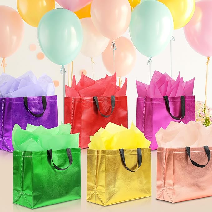 KeerxunBag 12Pcs Reusable Gift Bags（Includes Tissue Paper） Gift bag with handle Birthdays Parties Holidays Weddings Medium 13x5x11in colorful Gift Bags