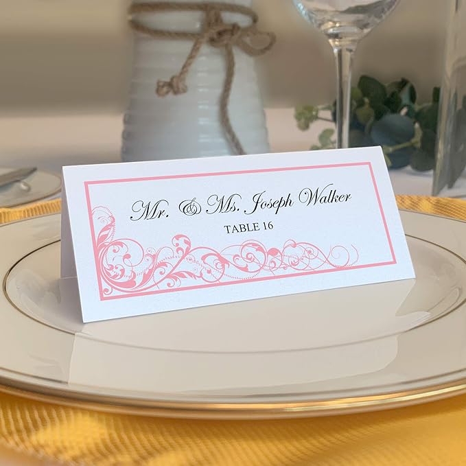 Scribble Vintage Swirl Printable Place Cards, Pink (Choose Color), Set of 60 (10 Sheets), Laser & Inkjet Printers - Wedding, Party, Dinner, and Special Events - Made in the USA