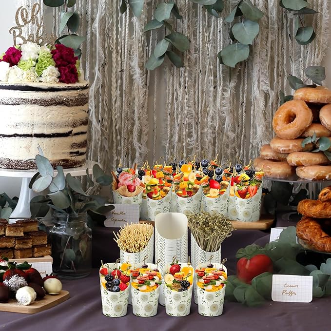 Tioncy 250 Pcs Charcuterie Cups with Cocktail Picks Sets, Bridal Shower Decoration 50 Charcuterie Cups with 200 Sticks for Wedding Baby Shower Floral Boho Party Decorations (White Green,Floral)