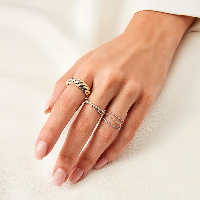 JINEAR 18k Gold Filled Chunky Rings for Women Croissant Dome Statement Ring Trendy Twisted Braided Band Stacking Star Rings Jewelry Gifts