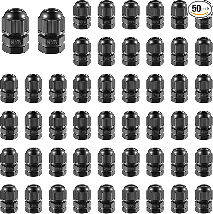 50 PCS 1/4"(4-8mm) NPT Nylon Cable Gland Joints with Gaskets, IP68 Adjustable Lock Nut Strain Relief Cord Grip Waterproof Cable Glands - UL Listed and RoHS Compliant