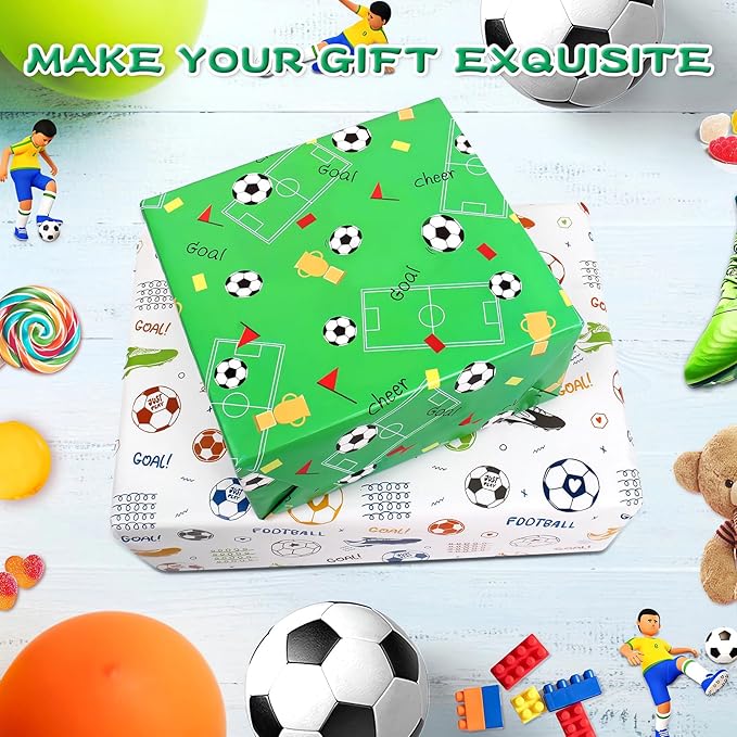 Wrapping Paper Football Wrapping Paper Boys Men Birthday Wrapping Paper Sheets with Sport Soccer Green White Mixed Design,Birthday Gift Wrap Set for Present Birthday Paper Wrap,Ribbion Tags(6 Sheets, 28"Lx20"W per Sheet)