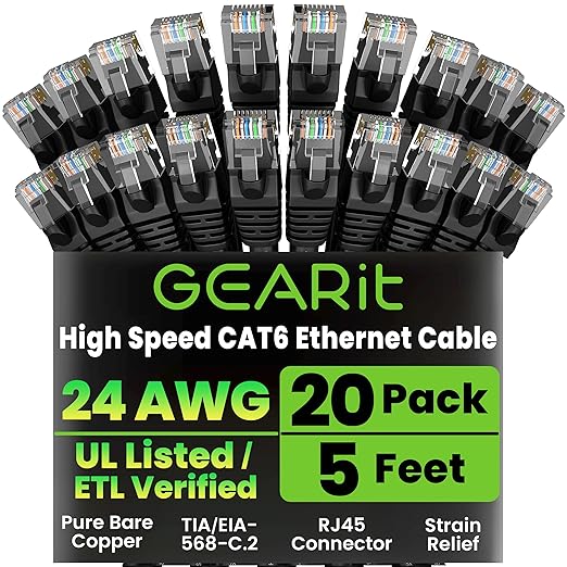 GearIT Cat 6 Ethernet Cable Pack - 20-Pack 5 ft Cat6 Ethernet Patch Cables | RJ45 Network Patch Cable, 10 Gbps Snagless Gold-Plated Connectors - Ethernet Cable Cat 6 for PC, TV, Router - Black