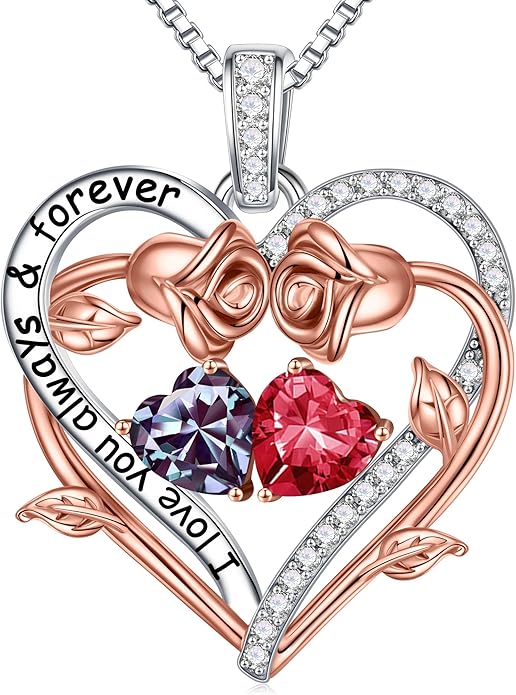Iefil Valentines Gifts for Her Wife Women - Rose Heart Double Birthstone Necklace Gift for Wife Girlfriend Her Women, Birthstone Jewelry Gemstone Birthday Gifts for Mom Grandma Her