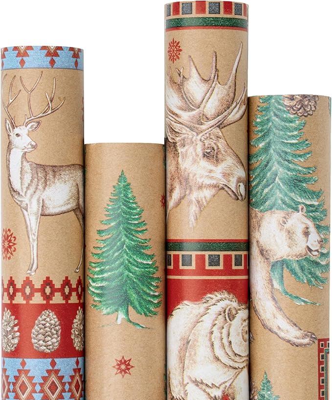 RUSPEPA Christmas Kraft Wrapping Paper - Polar Bear, Reindeer and Christmas Tree Design - 4 Rolls - 30 inches x 10 feet per Roll