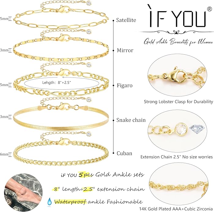 iF YOU Gold Ankle Bracelets for Women, 14k Gold Plated Waterproof Cuban Link Chain Anklets Set, Layered Anklet Bracelets for Women Beach Gift Adjustable Size 5pc