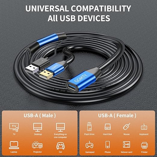 USB 2.0 Type A Male to A Female Active Repeater Extension Cable 30ft, High Speed 480 Mbps
