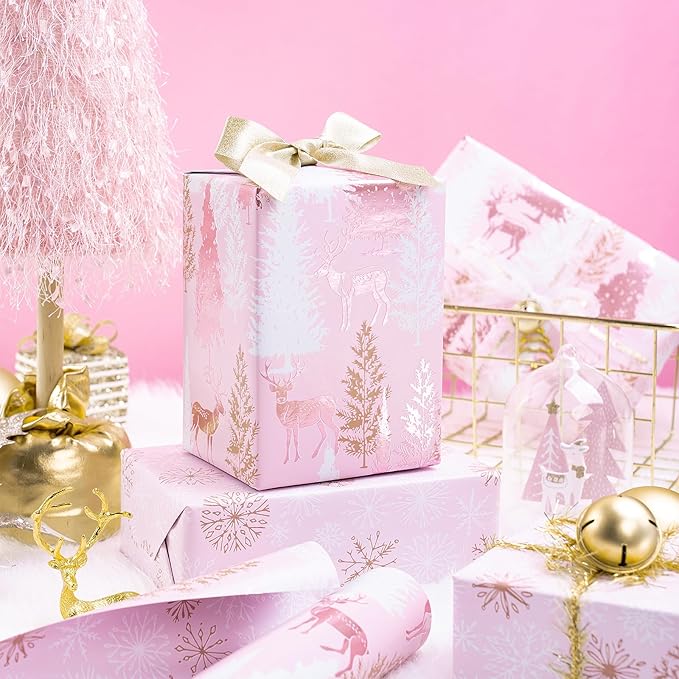 RUSPEPA 30" X 100' Reversible Christmas Wrapping Paper Large Paper Roll, Jumbo Roll, Rose Gold Foil Pink Reindeer and Tree Design, Snowflakes Gift Wrap for Girls, Women, Friends, Xmas Holiday Gifts
