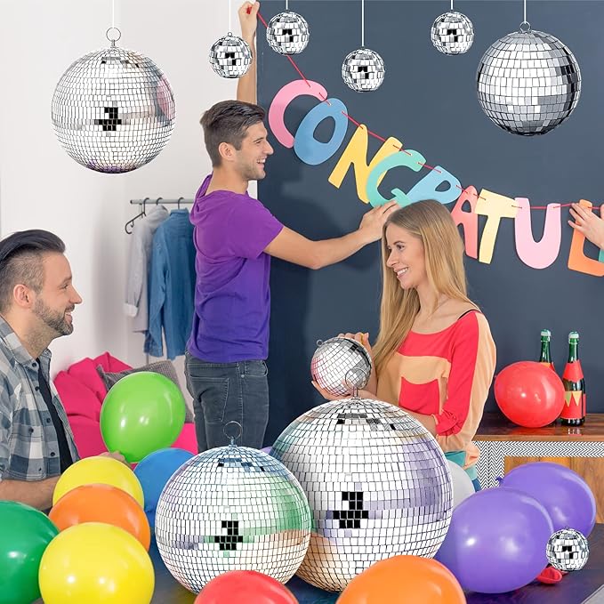 65 Pcs Disco Balls Decorations Assorted Size Disco Ball Ornament Reflective Hanging Mirror Ball Mini Large Silver Balls for Christmas Party Wedding Dance Ballroom Stage(12/6/ 4/3.2/2/ 1.2 in)