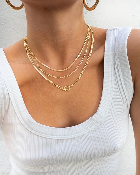 CHESKY Layered Necklaces for Women, 14K Gold Plated Chain Necklace Women Trendy Cuban Link Paperclip Chain Toggle Clasp Necklace Fashion Chunky Jewelry for Women