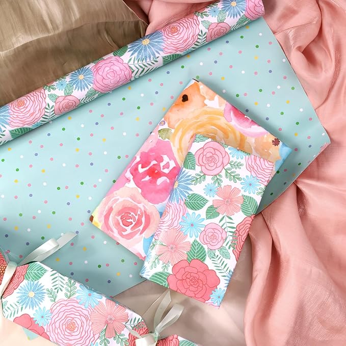 LaRibbons Reversible Floral Wrapping Paper Roll, 17 Inch x 33 Feet (46.7 Sq. Ft), Double-Sided Colorful Watercolor Rose and Polka Dots Design for Wedding, Mother’s Day, Bridal Shower & Birthday