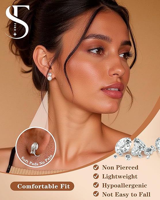 FIBO STEEL 10 Pairs Clip On Earrings for Women Non Pierced Ears CZ Pearl Knot Twist Chunky Hoop and Studs Earring Set Ear Clips Jewelry 14K Gold Plated