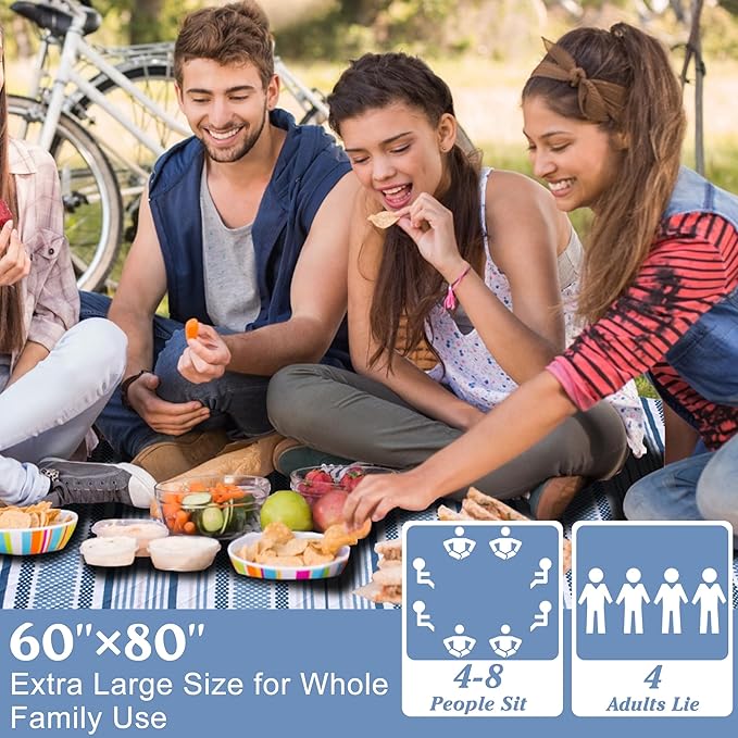 Oversized Waterproof Picnic Mat, Dustproof Washable Outdoor Beach Mat. Suitable for Camping, Outdoor, Beach, Party and Concert (Dark Blue & Light Blue, 80" x 60")
