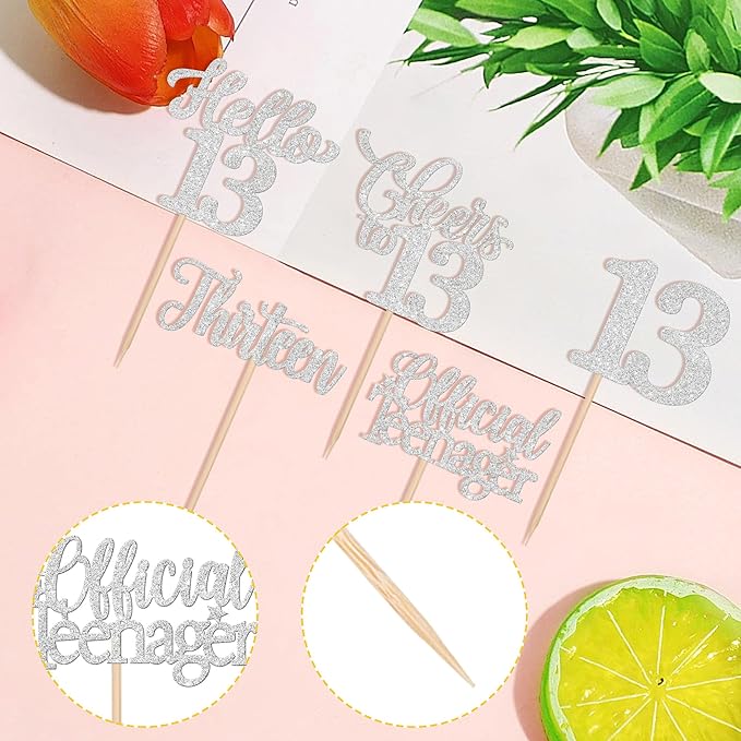 30PCS Happy 13th Birthday Cupcake Toppers Glitter Thirteen Official Teenager Hello 13 Cupcake Picks Cheers to 13 Birthday Decorations for 13th Birthday Anniversary Party Cake Decor Supplies Silver