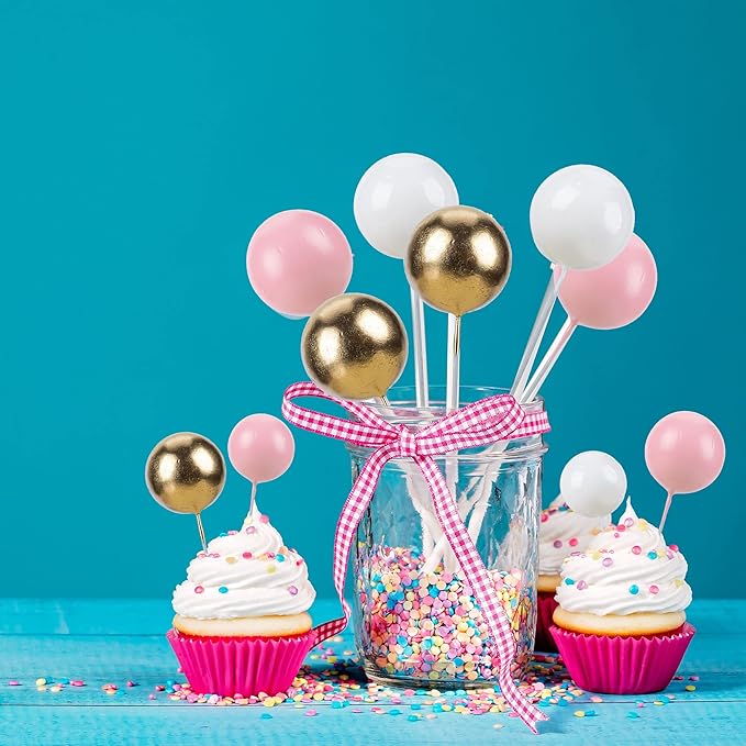 Gyufise 30Pcs Mini Balloon Cake Topper Foam Ball Cake Picks Cupcake Faux Pearl Balls DIY Cake Insert Topper Baking Decoration for Anniversary Graduation Birthday Party Baby Shower White Pink Gold