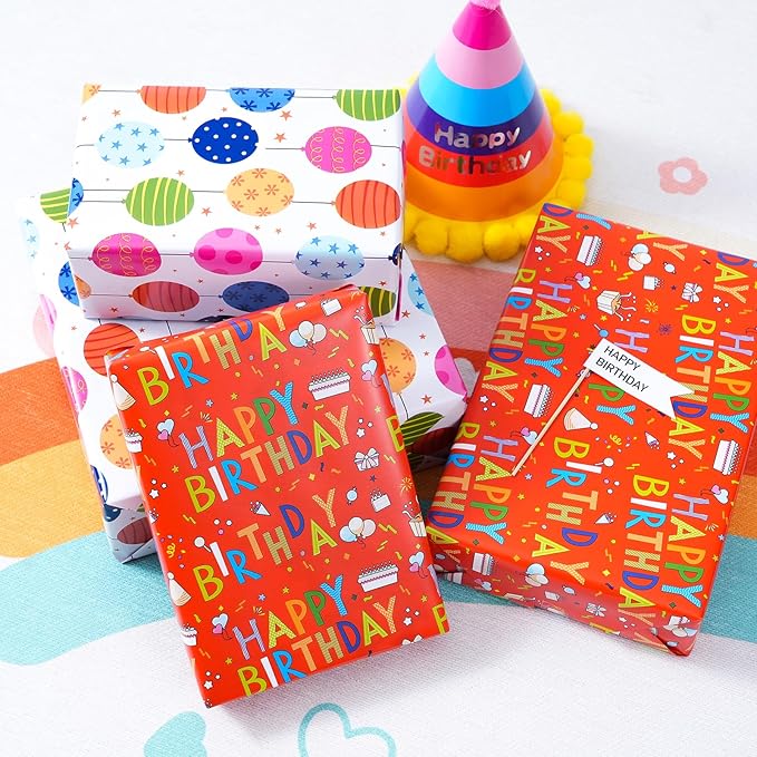 Reversible Birthday Wrapping Paper - Mini Roll - 17 Inches X 33 Feet - for Boys Girls Kids - Happy Birthday Lettering and Colorful Balloons Design for Women Men Baby Shower Holiday