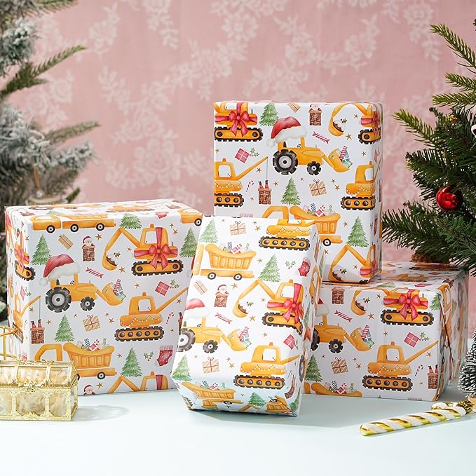 PlandRichW Construction Christmas Wrapping Paper - Cute santa with Hat Trucks, Cranes, Excavators & Xmas Trees - 40×28 Inch Xmas Gift Wrap, 4 Folded Sheets for Kids & Adults