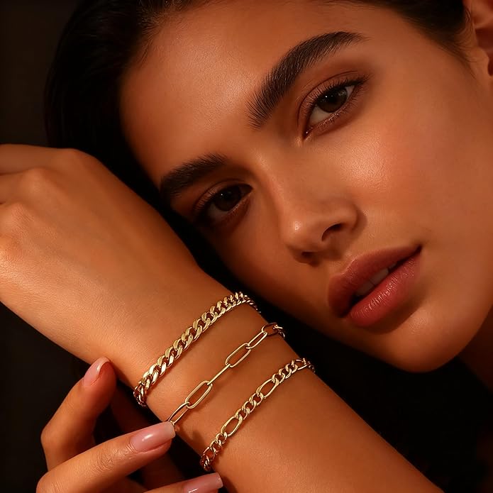 Gold Bracelets for Women, 18K Gold Plated Dainty Paperclip Link Chain Bracelets Thin Cute Stackable Bracelet Pack Fashion Accessories Gifts for Women