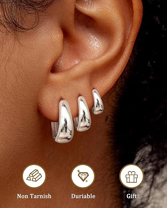 BESTEEL 3Pairs 14K Gold Plated Hoop Earrings Set for Women Chunky Earring Silver Plated Hypoallergenic Small Huggie Hoops Lightweight Tiny Thick Trendy Hoop Earrings Stacks for Multiple Piercing
