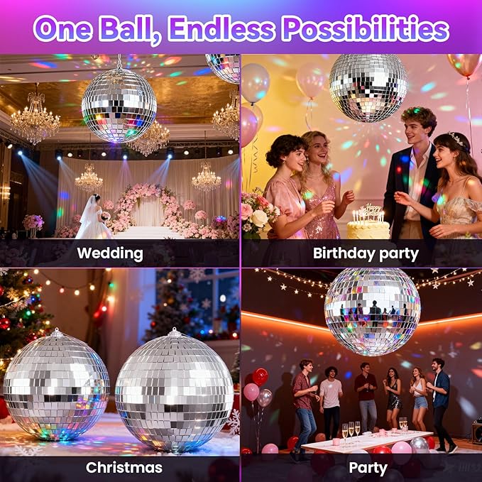 6-Inch Disco Ball 2-Pack – Silver Hanging Mirror Balls with String, Reflective Disco Ball Decor for Disco Party Decorations, Disco Christmas Decor, Home DIY, Weddings & Indoor/Outdoor Events
