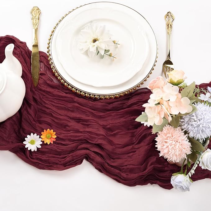 12 Pack Burgundy Cheesecloth Table Runner 10FT Boho Cheese Cloths Gauze Fabric Table Runners 120 Inch Rustic for Christmas Fall Thanksgiving Wedding Birthday Party Baby Shower Home Decorations