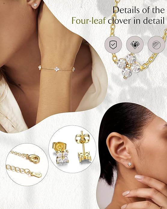 ORAZIO Dainty Silver Gold Jewelry Set for Women Trendy 14K Gold Plated CZ Flowers Pendant Choker Necklaces for Women Stud Earrings Clover Link Bracelets Stack Jewelry Gifts for Wedding Prom Brides