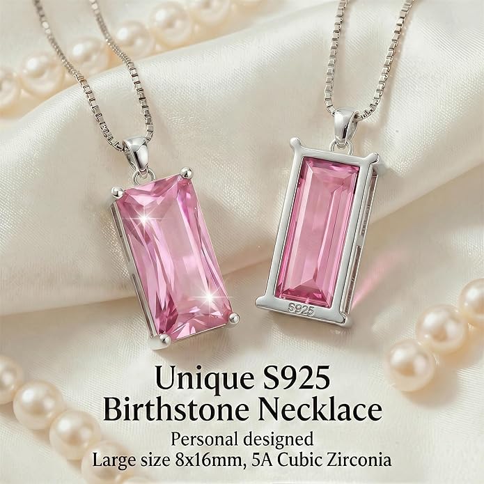 Minimalist Square 8mm×16mm Birthstone Sterling Silver Necklace - Hypoallergenic, Lightweight, Gift for Her