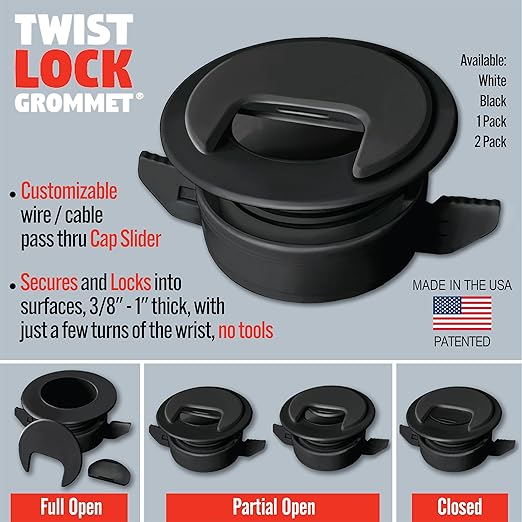 (2-Pack Black) Cable, Wire & Cord Management - Self Locking Grommet with Cover for Walls, Ceilings, Desks, Used for All Surfaces 3/8” to 1” Thick, Made in USA