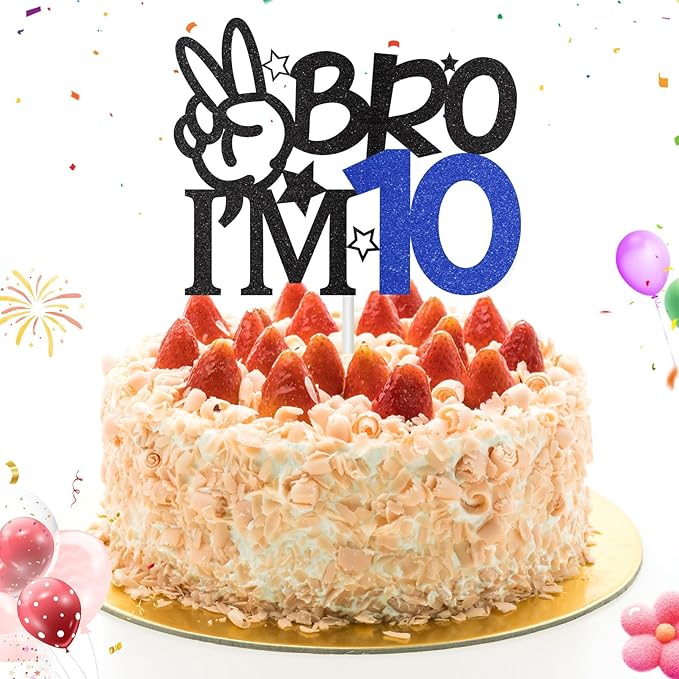 Bro I'm 10 Cake Topper, 10th Birthday Decorations for Boy, Glitter Funny 10th Birthday Cake Topper, Big Brother 10 Year Old Birthday Party Decoration Supplies
