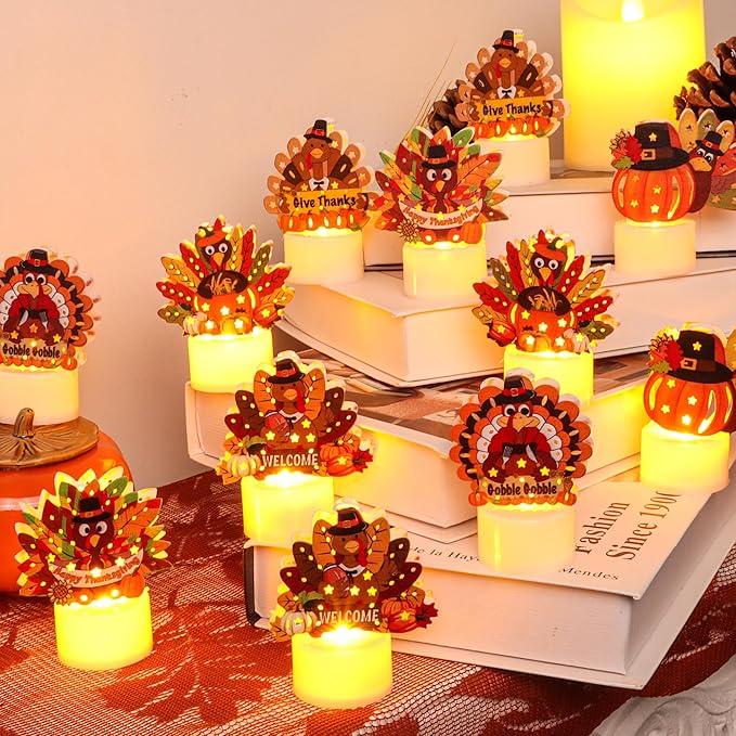 12 PCS Thanksgiving Table Decorations Turkey LED Flameless Candles Battery Operated Thanksgiving Turkey Tea Lights Small Candles Thanksgiving Decoration Turkey Centerpieces for Table Home Indoor Party